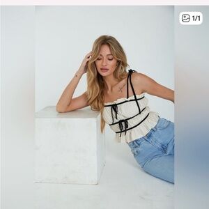 Ty Beige Crop Top with Black Trim and Tie Straps